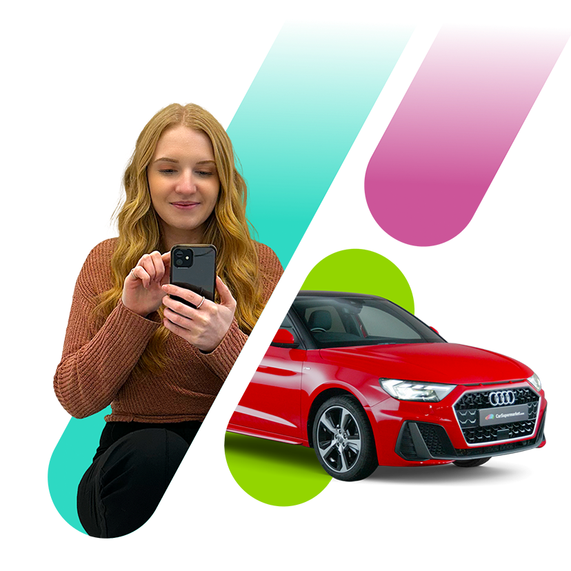 Vibrant scene with a young lady engrossed in her phone, standing beside a sleek red Audi emerging from dynamic, colourful geometric shapes